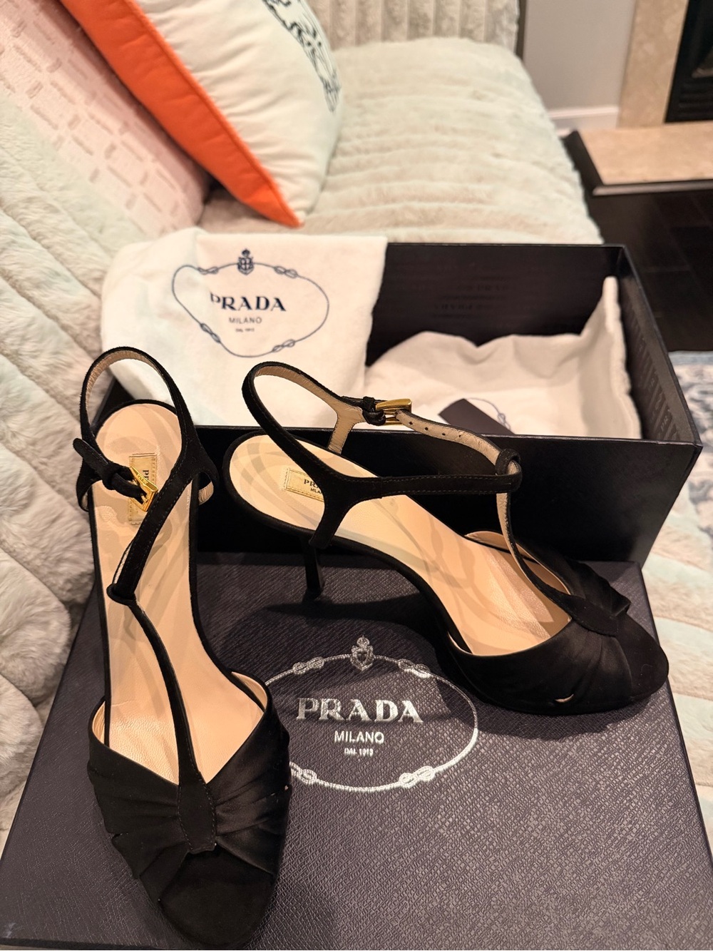 Prada Black T-Strap Open-Toe Suede Heels